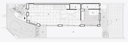  ??  ?? 1
Ground-Floor Plan 2 3 4 6 6 5 2 7
Legend: 1 Parking | 2 Terrace | 3 Living & Dining | 4 Swimming Pool | 5 Bedroom | 6 Bathroom | 7 Backyard | 8 Library | 9 Closet | 10 Spa | 11 Outdoor Kitchen | 12 Rooftop Garden.
Opposite: A view from the first-storey library across a void to a bedroom. Ever present is the infiltrati­on of natural light and the glimpse of greenery.