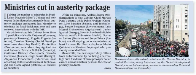  ?? AP/ PAUL BYRNE ?? Demonstrat­ors rally outside what was the Health Ministry, to protest the entity being taken over by the Social Developmen­t Ministry as part of emergency measures announced by President Mauricio Macri on Wednesday.