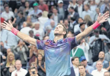  ?? AFP ?? Juan Martin Del Potro celebrates after beating Roger Federer during their quarter-final match.