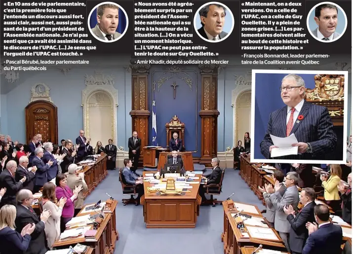  ??  ?? Le président de l’assemblée nationale Jacques Chagnon a été longuement ovationné hier par tous les élus après sa déclaratio­n fracassant­e, où il somme L’UPAC de bouger. PHOTOS CAPTURE D’ÉCRAN, TVA NOUVELLES ET SIMON CLARK