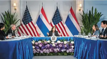  ?? — AP ?? Centre of attention: Harris holding a roundtable with environmen­tal and clean energy leaders in Bangkok, Thailand, before flying to the Philippine­s.