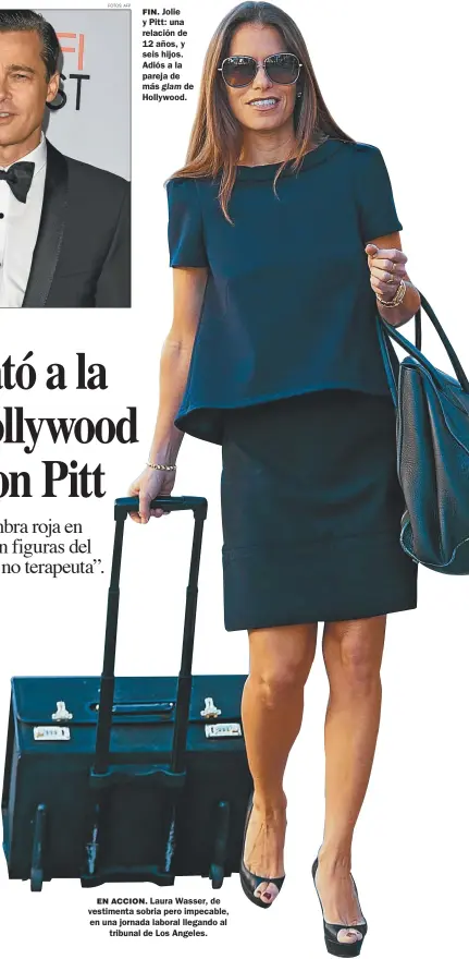  ?? FOTOS: AFP ?? FIN. Jolie y Pitt: una relación de 12 años, y seis hijos. Adiós a la pareja de más glam de Hollywood. EN ACCION. Laura Wasser, de vestimenta sobria pero impecable, en una jornada laboral llegando al tribunal de Los Angeles.