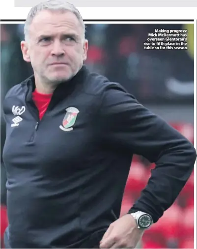  ??  ?? Making progress: Mick McDermott has overseen Glentoran’s rise to fifth place in the table so far this season