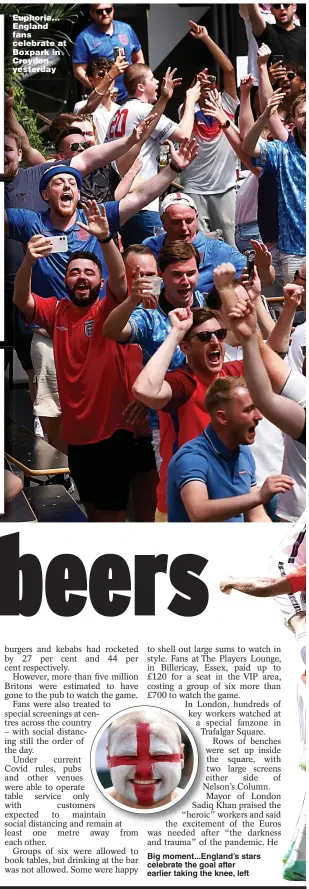  ??  ?? Euphoria... England fans celebrate at Boxpark in Croydon yesterday
Big moment...England’s stars celebrate the goal after earlier taking the knee, left