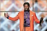  ?? DAVID J. PHILLIP/AP PHOTO ?? Baltimore’s Lamar Jackson speaks Saturday after winning the AP Most Valuable Player award at the NFL Honors award show in Miami.