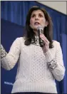  ?? (AP/Matt Rourke) ?? Republican presidenti­al candidate and former U.N. Ambassador Nikki Haley speaks Sunday during a campaign event in Derry, N.H.