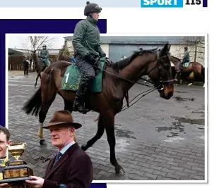  ??  ?? WINNER’S ENCLOSURE: Willie Mullins with Paul Townend (left) after last year’s Gold Cup success with Al Boum Photo (above) and standing next to a sculpture of Florida Pearl in the grounds of his farmhouse (top left)