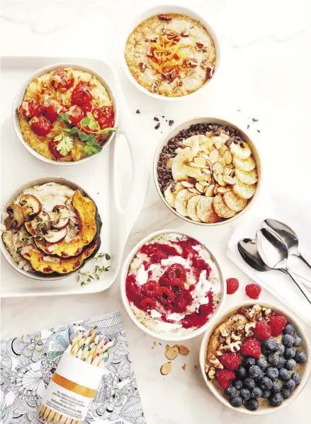  ??  ?? Clockwise from bottom right: Maple Custard Oatmeal; Peanut Butter & Jam Oatmeal; Parmesan Oatmeal with Mushrooms & Roasted Squash; Masala Oatmeal; Carrot Cake Custard Oatmeal and Chai Custard Oatmeal.