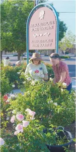  ?? SORBER/JOURNAL ?? Albuquerqu­e Rose Garden Society President Katrine Stewart, left, trains Faith Holland how to care for the rose plants at the Albuquerqu­e Rose Garden. The society has started a volunteer initiative to attract young volunteers to become “Rose Buddies”...
