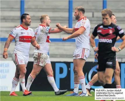  ?? MARK COSGROVE/NEWS IMAGES ?? Hull KR’S Jordan Abdull celebrates his try against Salford Red Devils