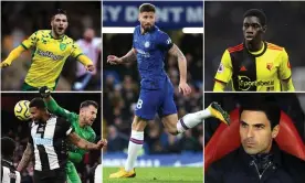  ??  ?? Clockwise from top left: Norwich’s Emi Buendia, Chelsea’s Olivier Giroud, Watford’s, Ismaïla Sarr, Arsenal manager Mikel Arteta and Newcastle goalkeeper Martin Dubravka. Photograph: Getty