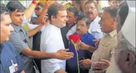  ?? HT PHOTO ?? Congress vice president Rahul Gandhi being welcomed by party workers on his arrival at Chaudhary Charan Singh Internatio­nal airport, Lucknow on Wednesday from where he went to Amethi.