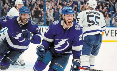  ?? CHRIS O’MEARA THE ASSOCIATED PRESS ?? Lightning centre Brayden Point celebrates after scoring the game-winning goal in OT in Game 6 against the Leafs, evening their first-round playoff series at 3-3 on Thursday night in Tampa, Fla. Game 7 will be played Saturday night in Toronto.