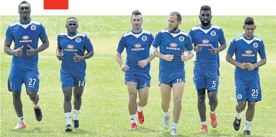  ?? /LEFTY SHIVAMBU/GALLO IMAGES ?? SuperSport United players Azubuike Egwueke, Onismor Bhasera, Bradley Grobler, Jeremy Brockie, Tefu Mashamaite and Denwin Farmer jog around at the team’s training ahead of tomorrow’s CAF Confed Cup final with TP Mazembe.