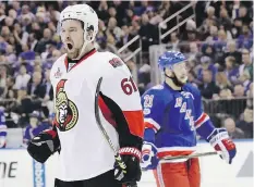  ??  ?? Ottawa Senators forward Mark Stone celebrates after scoring a goal against the New York Rangers on Tuesday in New York.