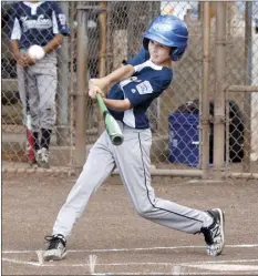  ?? The Maui News / MATTHEW THAYER photos ?? LEFT PHOTO: Dodgers players physically distance as head coach Lopaka Kapoi talks to them before they take the field for Thursday’s Kihei Little League game at Dorvin Leis Field. RIGHT PHOTO: The Yankees’ Cross Huey connects for a first-inning single.