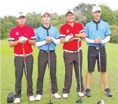  ??  ?? FULL OF CONFIDENCE: Sabah’s golfers Christophe­r (second left) and Albright (right) with their opponents from Sarawak on the opening day of the 17th SGA Cup at SGCC here yesterday.