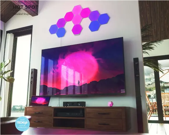  ??  ?? SPECS: Packs of 5 or 9 hexagonal panels; 2W per panel; over 16 million colours; white light temperatur­e 1,200-6,500 Kelvin; AR-enabled Nanoleaf app; touch- and voice-enabled.