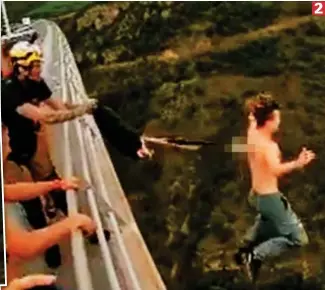  ?? ?? On tenterhook­s: Jesse Grylls stands on the bridge
Here we go: The teenager leaps with the parachute hooked to his back