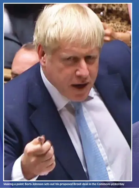  ??  ?? Making a point: Boris Johnson sets out his proposed Brexit deal in the Commons yesterday