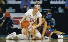  ?? ELSA – GETTY IMAGES ?? Stanford’s Lexie Hull, left, and Sydney Wilson of Missouri State fight for a loose ball during Sunday’s NCAA Tournament Sweet 16 game at the Alamodome in San Antonio.