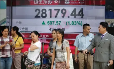  ?? PHOTO: AP ?? An electronic board showing the Hong Kong share index outside a bank in Hong Kong. Asian stocks are rising as a dovish speech by US Federal Reserve chairperso­n Jerome Powell and all-time highs on Wall Street gave markets a breather from trade tensions.