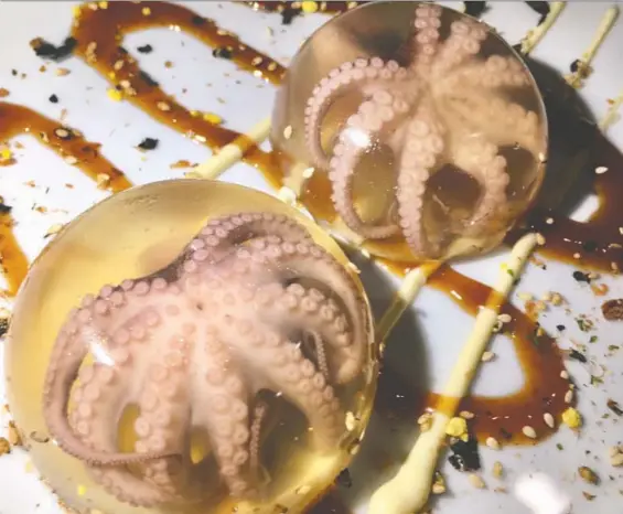  ??  ?? To make his takoyaki jello, Ken Albala marinated baby octopus in sake.