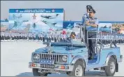  ??  ?? IAF chief Air Chief Marshal RKS Bhadauria reviews the 87th Indian Air Force Day Parade at Hindon airbase, Ghaziabad, on Tuesday. PTI
