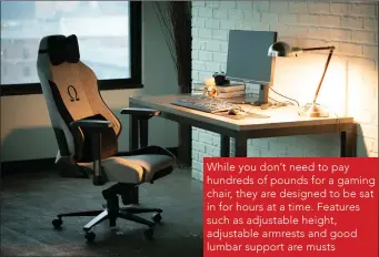  ??  ?? While you don’t need to pay hundreds of pounds for a gaming chair, they are designed to be sat in for hours at a time. Features such as adjustable height, adjustable armrests and good lumbar support are musts