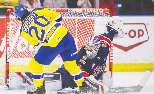  ?? LIAM RICHARDS ?? There were no noticeable signs of fatigue after Pats goalie Donovan Buskey’s marathon week — capped by an overtime win over the Brandon Wheat Kings this past Sunday.