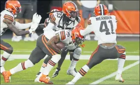  ?? JOSHUA GUNTER — CLEVELAND.COM VIA AP ?? Browns safety Jovante Moffatt (35) runs after intercepti­ng a pass during the team’s scrimmage Sept. 4 in Cleveland.