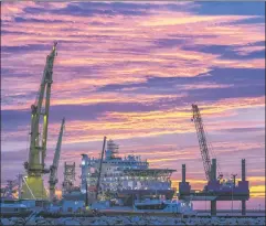  ?? ?? Cloudy days ahead: Russian ship Akademik Cherskiy, moored at Germany’s Rügen island, laying pipe for the controvers­ial Nord Stream 2.