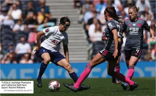  ?? TOTTENHAM HOTSPUR VIA GETTY ?? TUSSLE: Ashleigh Plumptre and Catherine Bott face Spurs’ Rachel Williams