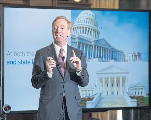  ?? AP ?? Brad Smith, president and chief legal officer of Microsoft Corp, speaks in Washington on Tuesday about the company’s project to bring broadband internet access to rural parts of the United States.