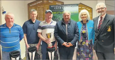  ?? ?? Annual Club Classic winners Richie Farrell, Michael O’Donovan and Ger O’Keeffe pictured with sponsor Charlie McCarthy, Pauline O’Keeffe and John Brooks, club president.