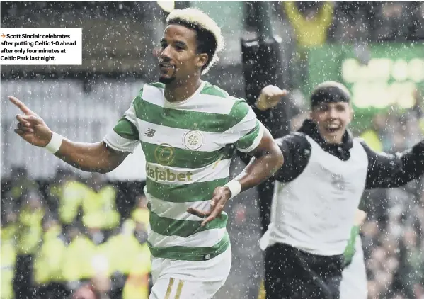  ??  ?? 3 Scott Sinclair celebrates after putting Celtic 1-0 ahead after only four minutes at Celtic Park last night.