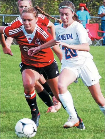  ?? FILE PHOTO - ONEIDA DAILY DISPATCH ?? Oneida’s Rachel DeRuby (20), the 2017Tri-Valley Pioneer Player of the Year, is one of the area’s top returning players to the pitch this season.