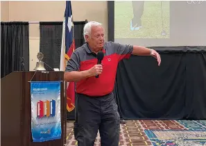  ?? Photo by Matt Fry ?? Former profession­al golfer Robb Shultz gives a speech about polio awareness and overcoming adversity during a Texarkana Rotary Club meeting on Thursday at the Texarkana Convention Center in Texarkana, Texas.