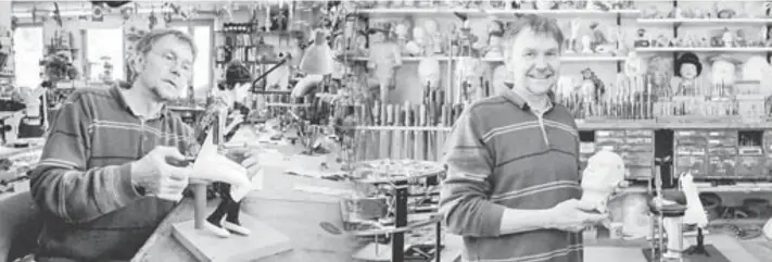  ??  ?? Combinatio­n pictures shows Junod working on a moving mechanical artwork, in his workshop in Sainte-Croix.