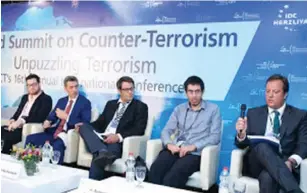  ?? (IDC) ?? AARON ZELIN (far left), of the Washington Institute for Near East Policy, attends the Internatio­nal Institute for Counter-Terrorism’s annual conference at IDC Herzliya yesterday.