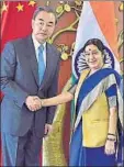  ?? PTI ?? Chinese foreign minister Wang Yi apparently did not raise the South China Sea issue with Sushma Swaraj