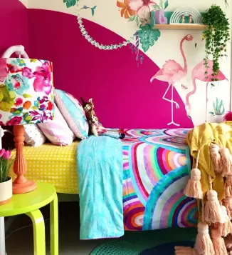  ??  ?? CLOCKWISE FROM TOP Lizzy’s daughter’s room is a wonderland of print and colour; a camel print sits atop a bright pink dresser in the entry; the home provides so much visual inspiratio­n and positivity for kids.