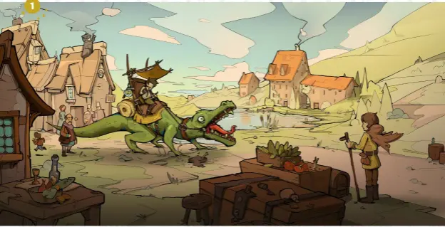  ?? ?? 1
1 SAURIAN IN TOWN
“I wanted to approach the artistic direction of the Professor Layton licence, but in a fantasy medieval world while suggesting a dynamic little village.”