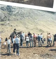  ??  ?? Richard Easson, above, a relation of author Jonathan Melville, joins clansmen-playing extras in previously unseen photograph­s taken during the filming of Highlander in Glencoe in 1986