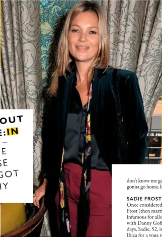  ??  ?? Left and above: partygirl-in-chief Kate Moss is now a tree-hugger. Below: Sadie Frost shows off her yoga skills; Rosemary Ferguson has reinvented herself as a nutritioni­st