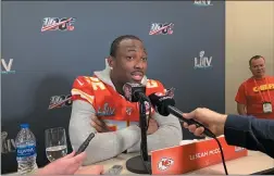  ?? MIKE ASHMORE — FOR MEDIANEWS GROUP ?? Chiefs running back LeSean McCoy speaks during a media availabili­ty in Aventura, Fla., Wednesday prior to Super Bowl LIV.