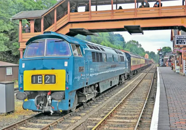  ?? David Bissett ?? BELOW: D1015 Western Champion
is returning to the main line for the first time in almost five years after suffering a major engine failure in December 2016. The locomotive, now painted BR blue with small yellow ends, will return to main line action hauling Pathfinder Tours’ ‘Champion Torbay Express’ from Gloucester to Kingswear and back on September 25. D1015 stands at Bewdley on the Severn Valley Railway on June 20, 2021.