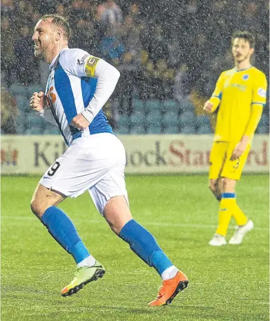  ?? Pictures: SNS Group. ?? Above, from far left: Jordan Jones goes down under the challenge of Aaron Comrie for Kilmarnock’s penalty; Jones goes down again and this time it’s a red card for Jason Kerr; Kris Boyd turns to celebrate after netting the penalty kick for his 18th goal...