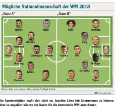  ??  ?? Die Sportredak­tion maßt sich nicht an, Joachim Löws Job übernehmen zu können. Aber so ungefähr könnte der Kader für die kommende WM ausschauen.