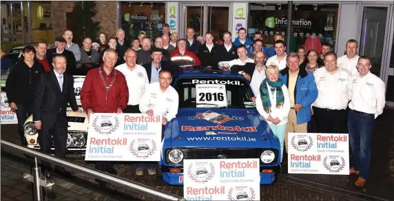  ?? Photo by Michelle Cooper Galvin ?? Launching the Rentokill Initial Killarney Historic Rally were Mayor of Kerry Brendan Cronin, Michael O’Mahony Rentokil Initial, Kevin Flannery Clerk of the Course, Deputies Michael and Danny Healy Rae, Sean Kelly MEP and organisers at Scott’s Hotel,...